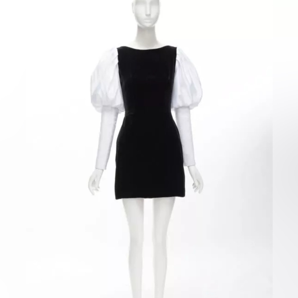 Rasario black velvet mini dress with white satin puff sleeves, new, retail $1800